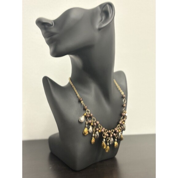 Vintage Bib Necklack Statement Red Orange Brown Silver Beads Costume - Picture 4 of 10